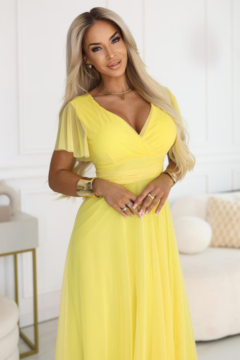 vestido de cerimónia comprido amarelo com tule BeStylish