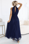 vestido de cerimónia comprido com brilho azul navy BeStylish 