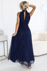 vestido de cerimónia comprido com brilho azul navy BeStylish 