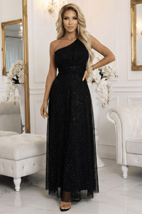 Vestido de gala comprido preto com brilho e com ombro à mostra BeStylish 