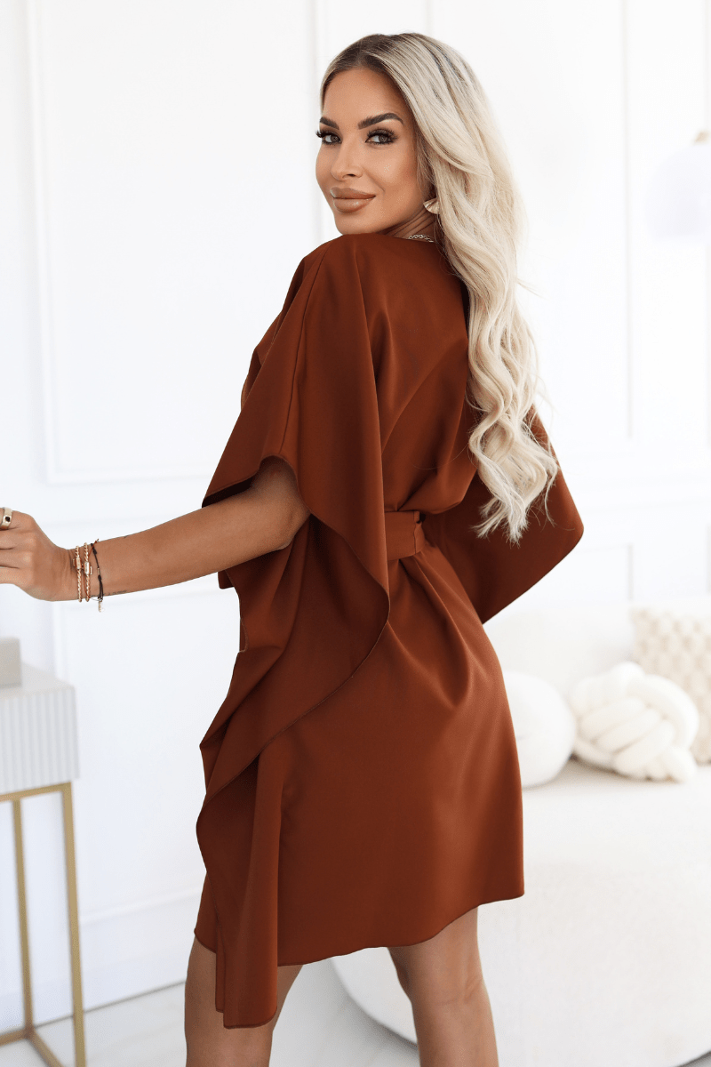 vestido de cerimónia castanho canela com efeito borboleta BeStylish 