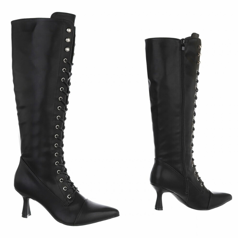 Botas pretas de salto alto em pele com atacadores BeStylish 