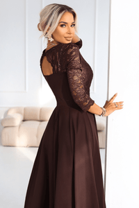 vestido de cerimónia comprido castanho chocolate com renda BeStylish
