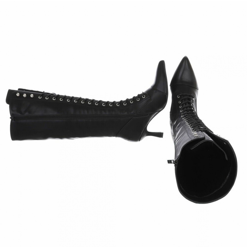 Botas pretas de salto alto em pele com atacadores BeStylish 