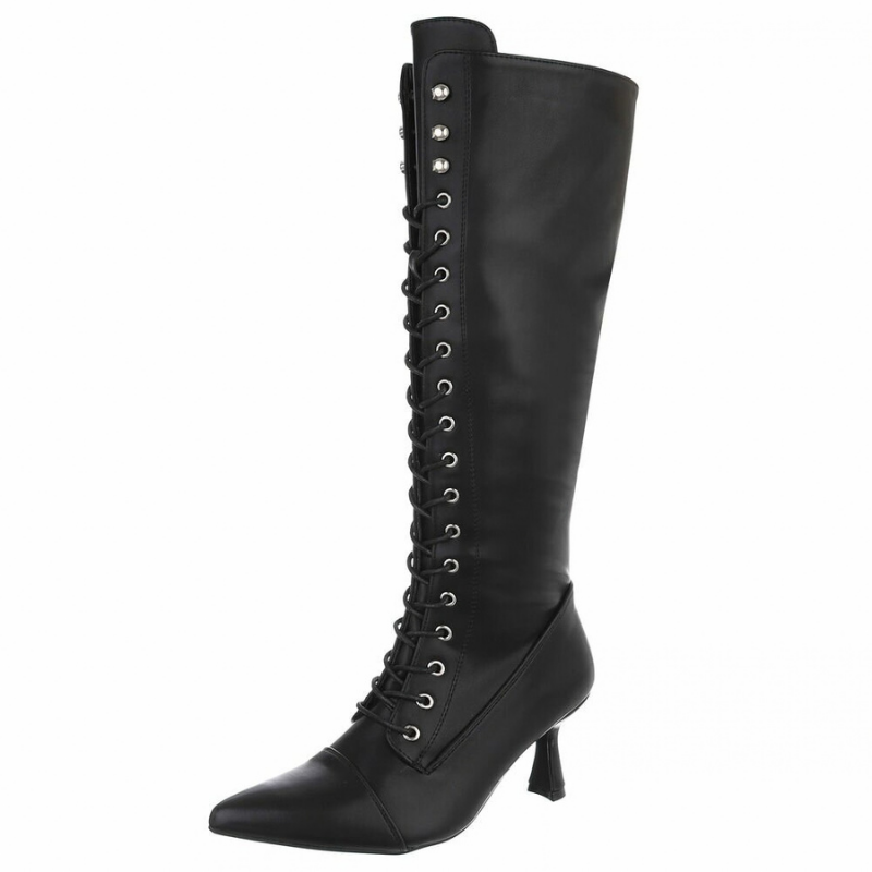 Botas pretas de salto alto em pele com atacadores BeStylish 