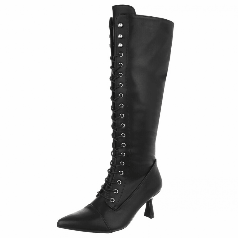 Botas pretas de salto alto em pele com atacadores BeStylish 