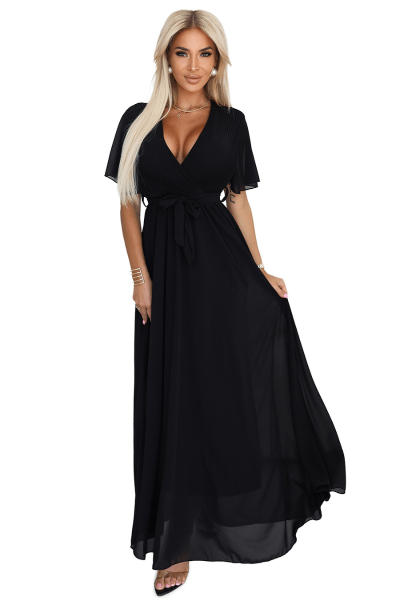 Vestido comprido em chiffon plissado preto BeStylish