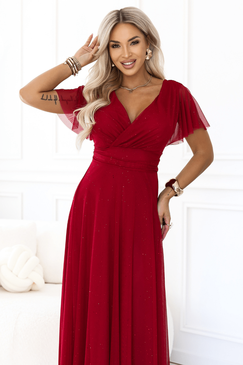 Vestido de festa comprido com brilho e tulle bordeaux BeStylish