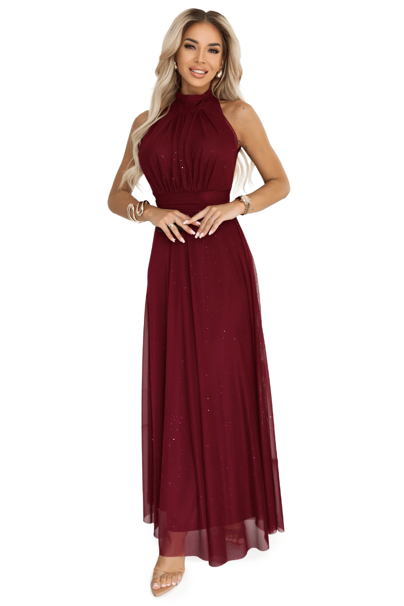 vestido de cerimónia comprido com brilho bordeaux BeStylish 