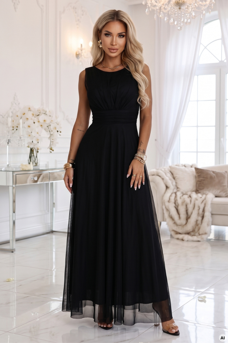 vestido de cerimónia comprido em tulle preto BeStylish