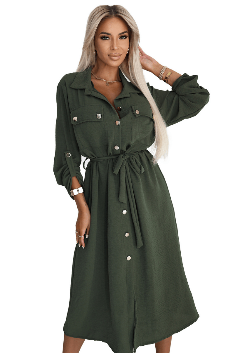Vestido de cerimónia comprido caqui estilo camisa BeStylish