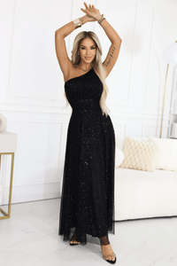 Vestido de gala comprido preto com brilho e com ombro à mostra BeStylish 