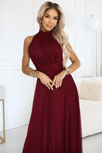 vestido de cerimónia comprido com brilho bordeaux BeStylish 