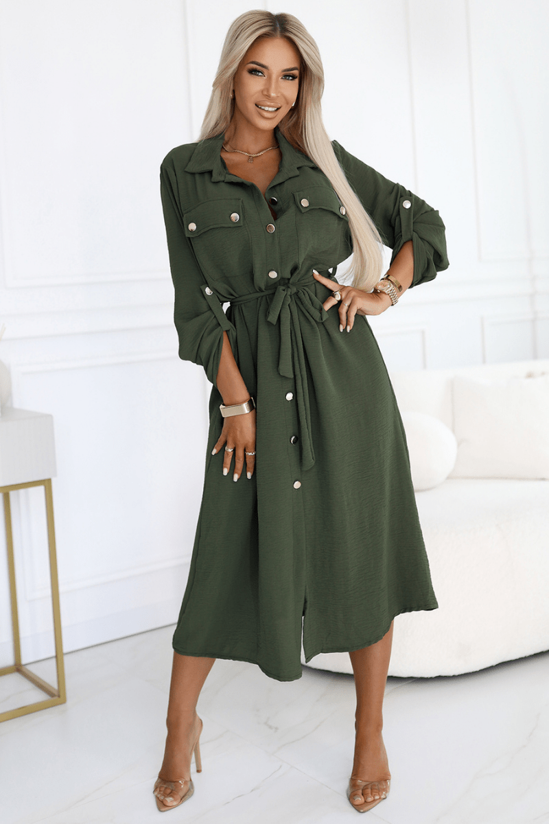 Vestido de cerimónia comprido caqui estilo camisa BeStylish
