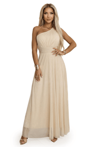 Vestido de gala comprido bege champagne com brilho e com ombro à mostra BeStylish 