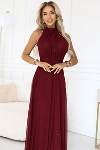 vestido de cerimónia comprido com brilho bordeaux BeStylish 
