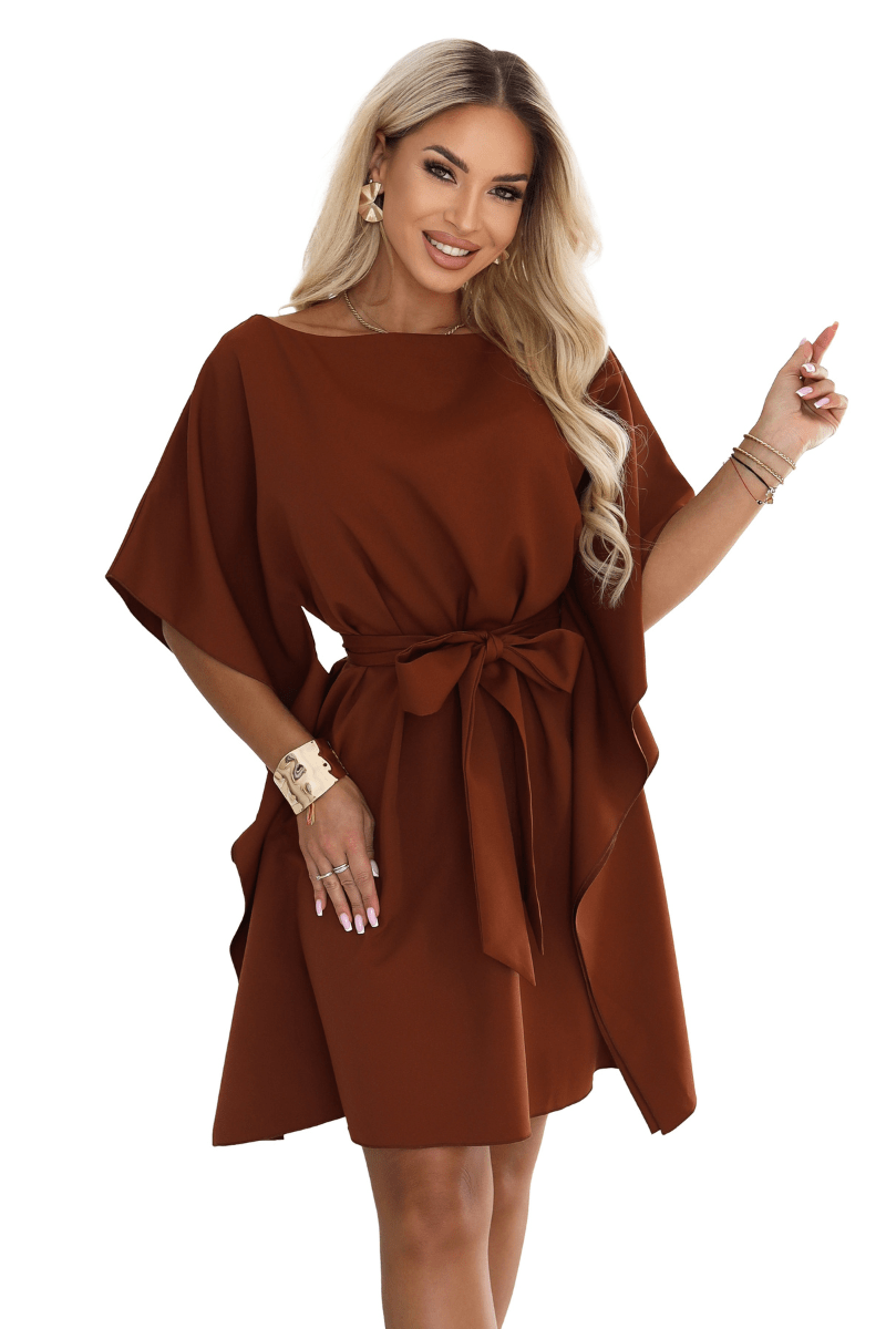 vestido de cerimónia castanho canela com efeito borboleta BeStylish 