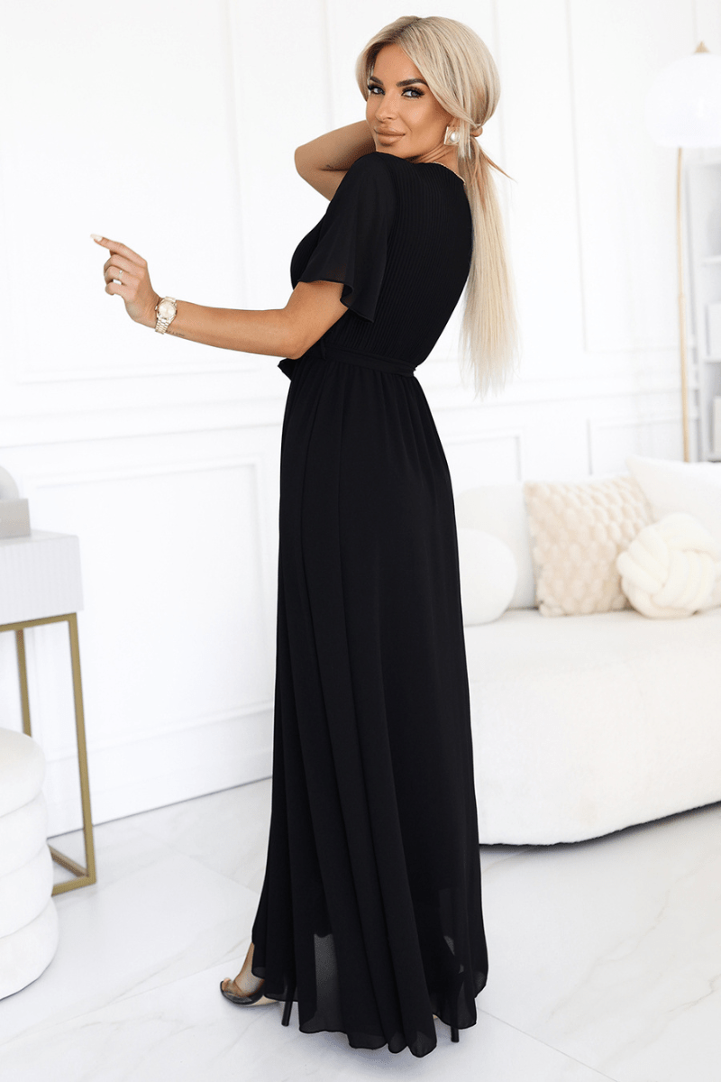 Vestido comprido em chiffon plissado preto BeStylish