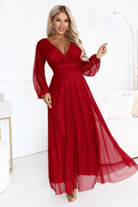 vestido de cerimónia comprido com tule brilhante bordeaux BeStylish