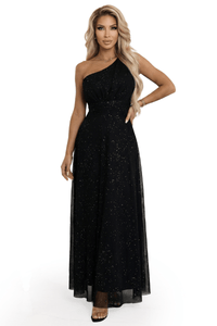 Vestido de gala comprido preto com brilho e com ombro à mostra BeStylish 