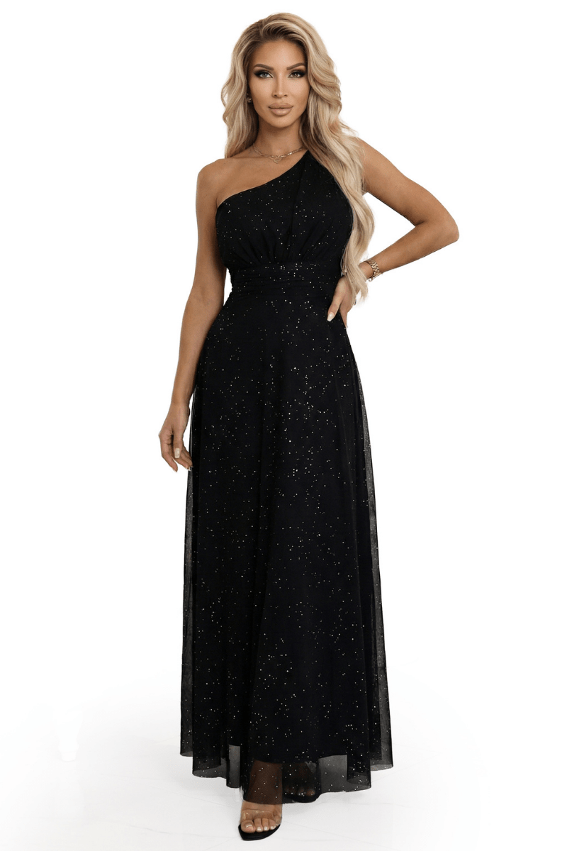 Vestido de gala comprido preto com brilho e com ombro à mostra BeStylish 