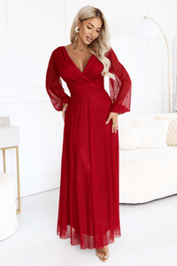 vestido de cerimónia comprido com tule brilhante bordeaux BeStylish