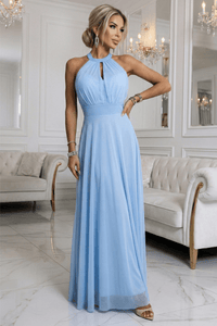 vestido de festa comprido azul claro com decote halter BeStylish 