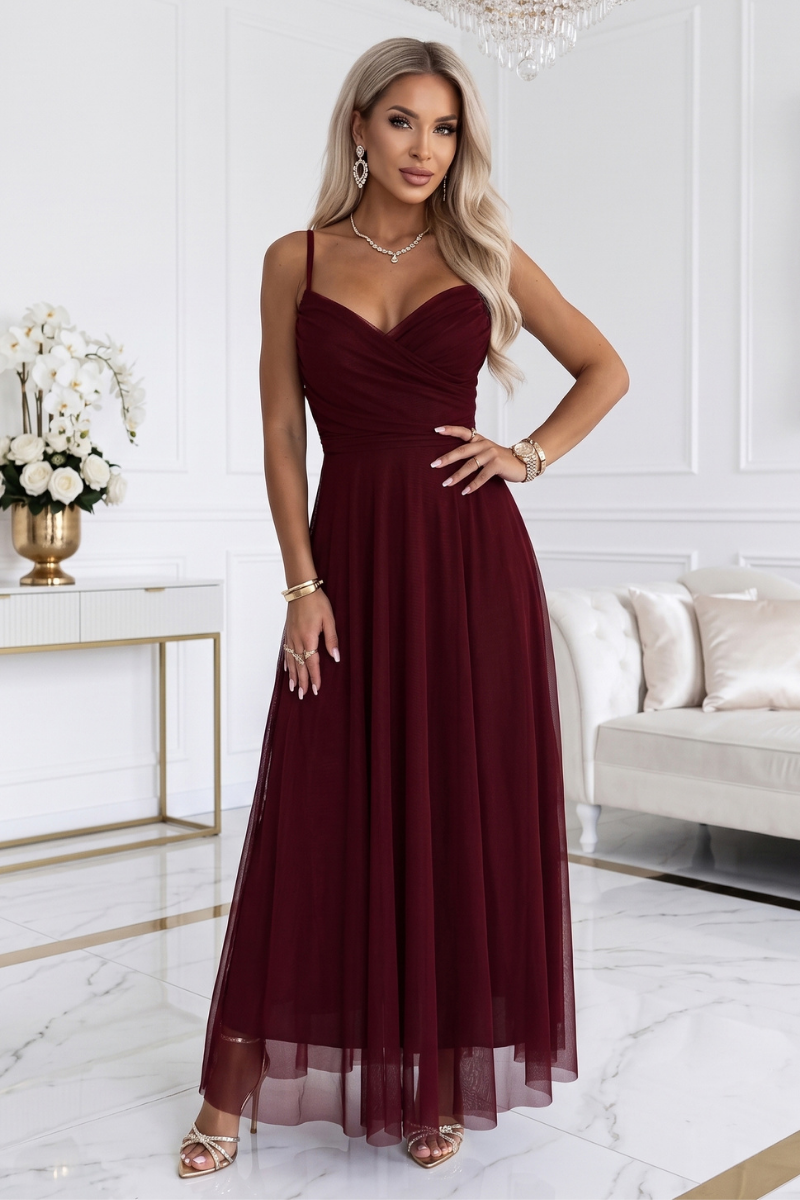 vestido de cerimónia comprido em tulle bordeaux BeStylish