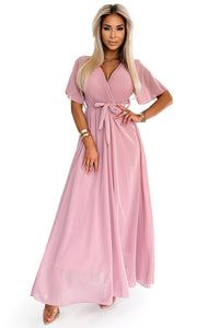 Vestido comprido em chiffon plissado rosa velho BeStylish