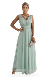 vestido de cerimónia comprido com tule verde pistácio BeStylish