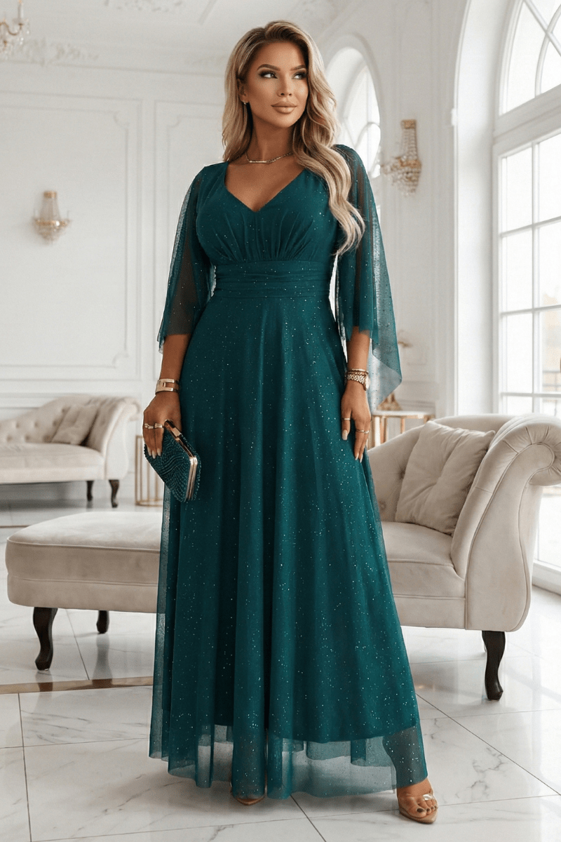Vestido de festa comprido esmeralda com brilhantes BeStylish