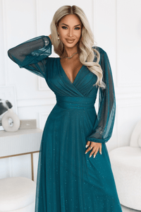 vestido de cerimónia comprido com tule brilhante verde BeStylish
