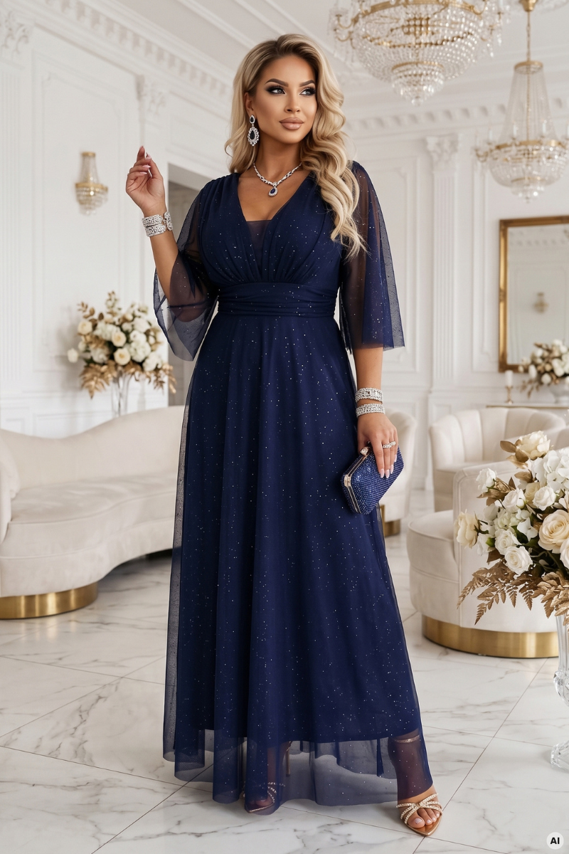 vestido de cerimónia comprido azul marinho brilhante plus size BeStylish