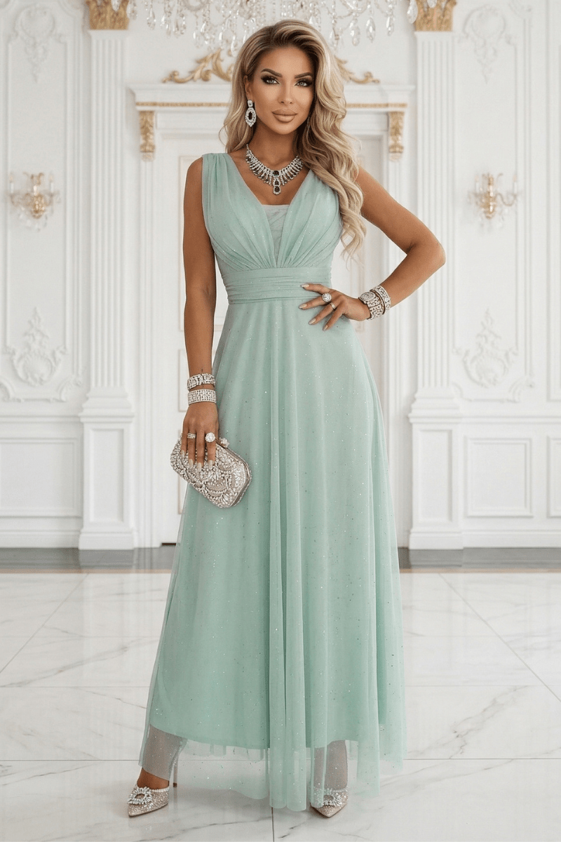 vestido de cerimónia comprido com tule verde pistácio BeStylish