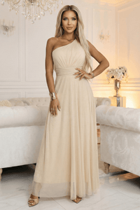 Vestido de gala comprido bege champagne com brilho e com ombro à mostra BeStylish 