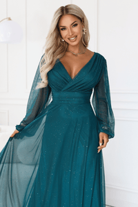 vestido de cerimónia comprido com tule brilhante verde BeStylish