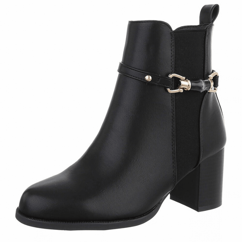 Botins pretos de pele com salto grosso  BeStylish