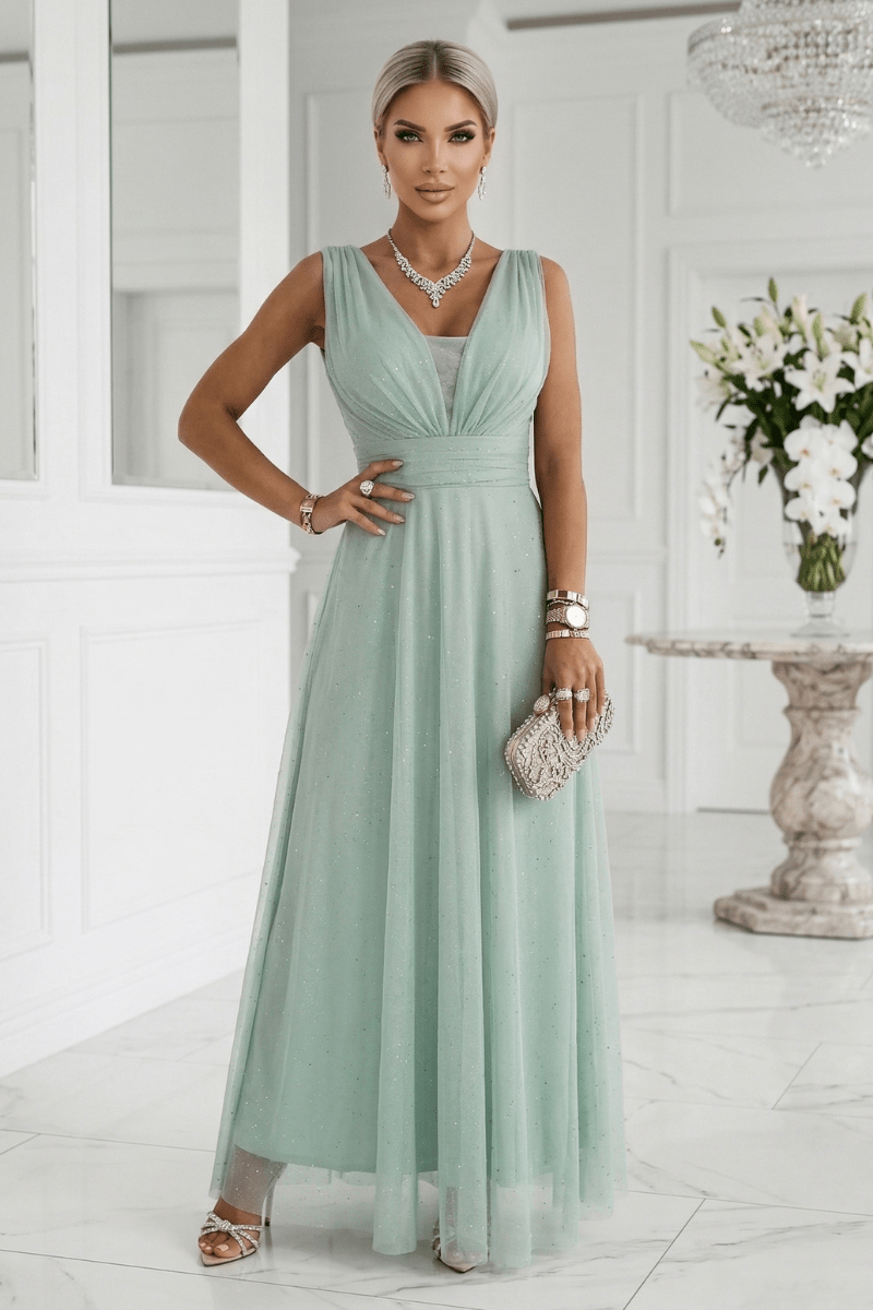 vestido de cerimónia comprido com tule verde pistácio BeStylish