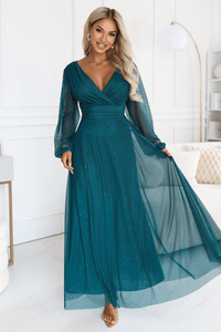 vestido de cerimónia comprido com tule brilhante verde BeStylish