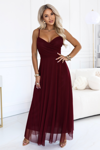vestido de cerimónia comprido em tulle bordeaux BeStylish