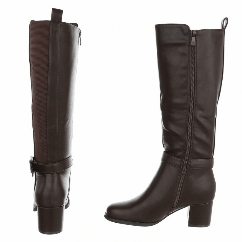 botas castanhas de pele de salto grosso com cano largo BeStylish