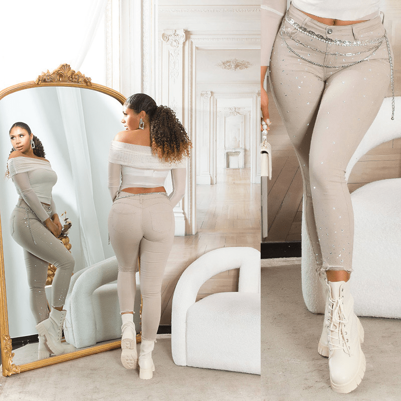 jeans beges de cintura subida BeStylish 