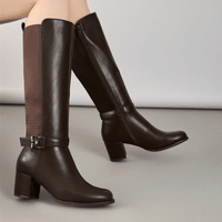 botas castanhas de pele de salto grosso com cano largo BeStylish
