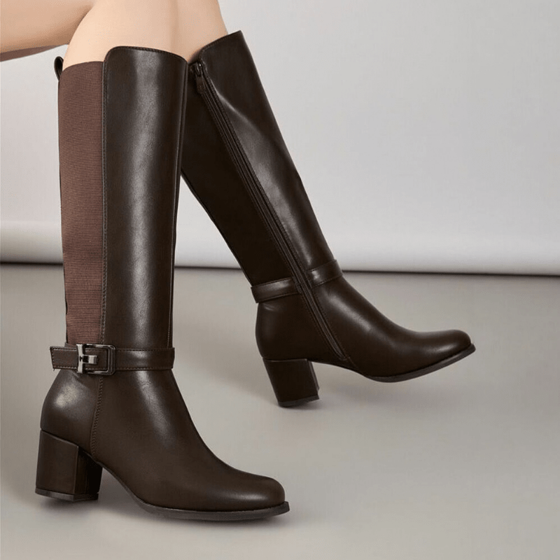 botas castanhas de pele de salto grosso com cano largo BeStylish