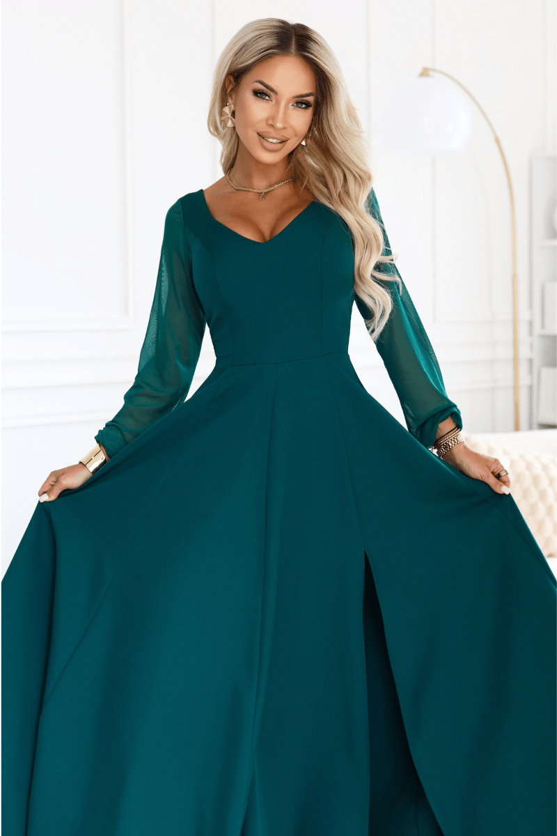 vestido de cerimónia comprido verde com mangas transparentes BeStylish