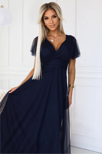 vestido de cerimónia comprido em tule azul navy BeStylish 