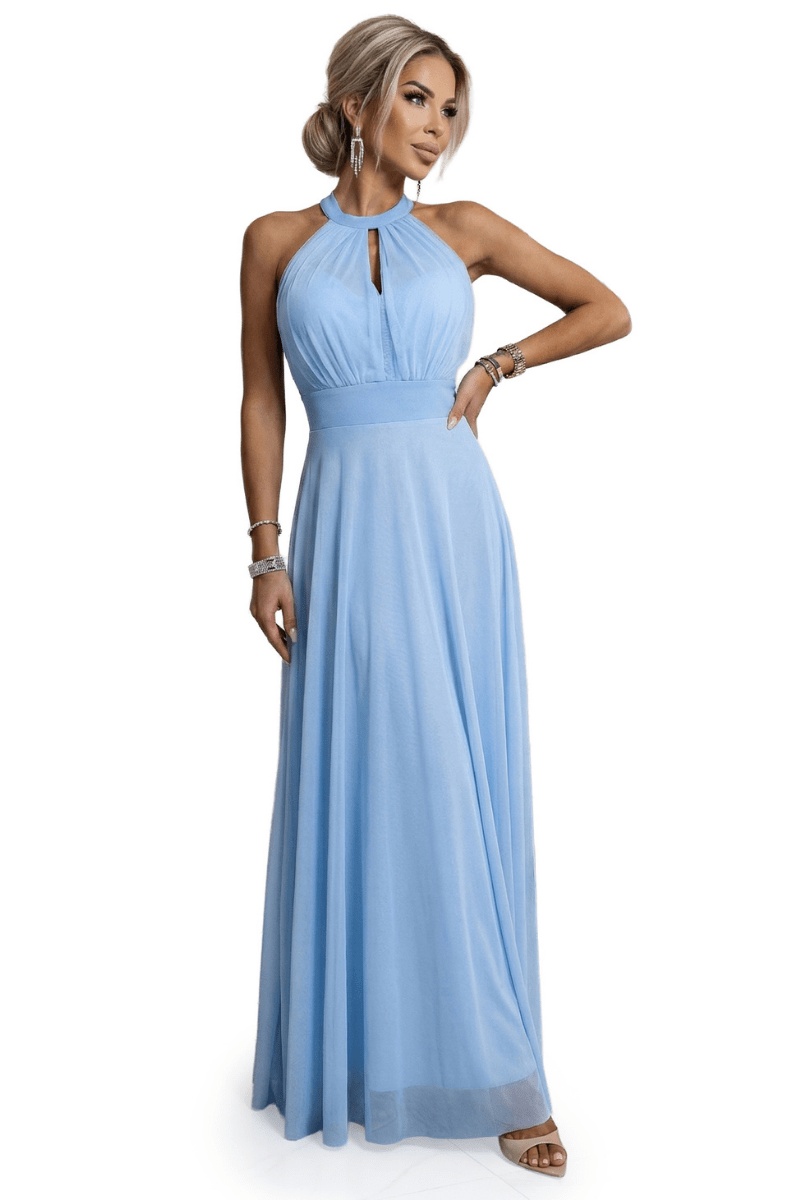 vestido de festa comprido azul claro com decote halter BeStylish 