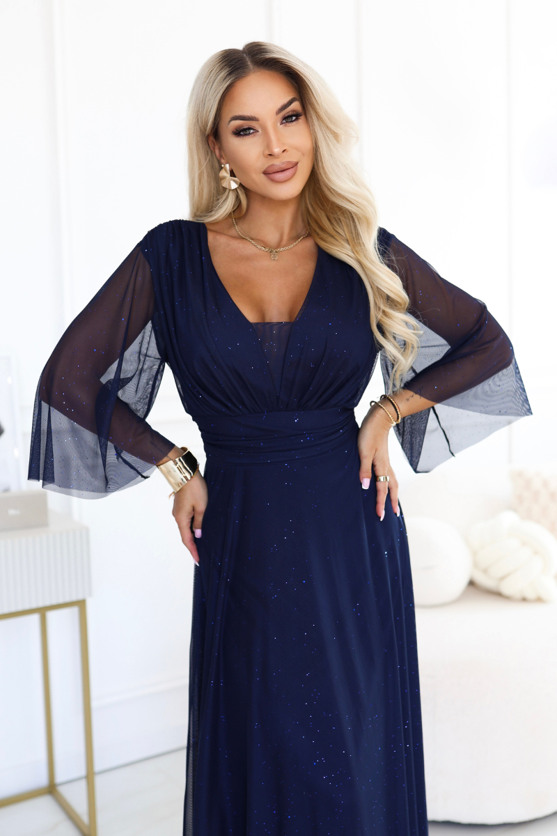 vestido de cerimónia comprido azul marinho brilhante plus size BeStylish