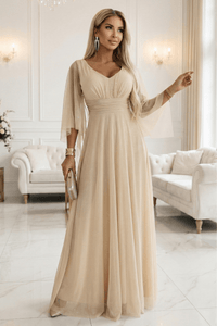 Vestido de festa e batizado comprido bege com brilhantes BeStylish