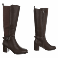 botas castanhas de pele de salto grosso com cano largo BeStylish